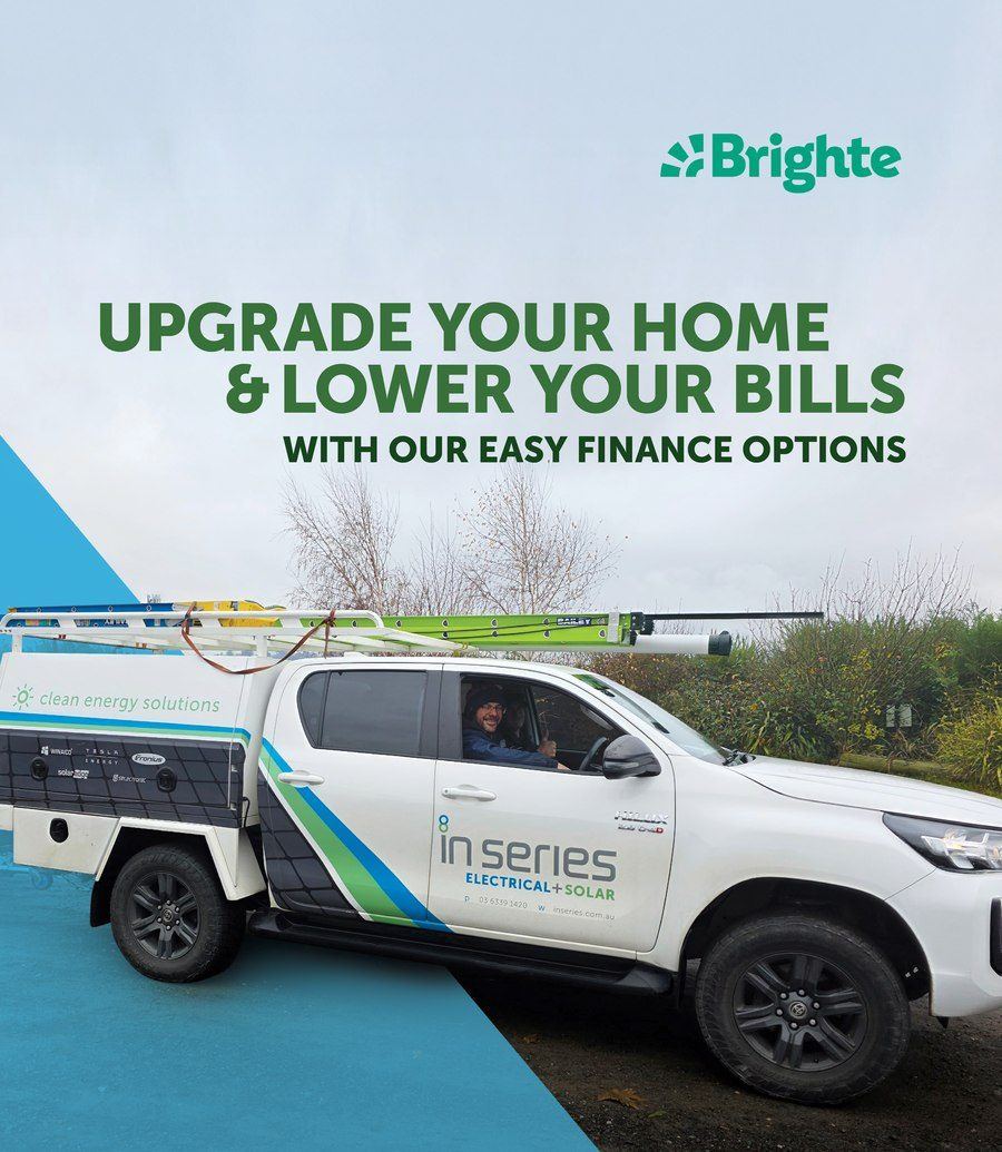 Brighte finance promotional graphic featuring an In Series branded work ute - Upgrade your home and lower your bills with our easy finance options