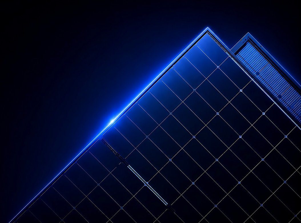 Dramatic low-angle shot of a REA Fusion R bifacial solar panel edge, lit with a blue glow