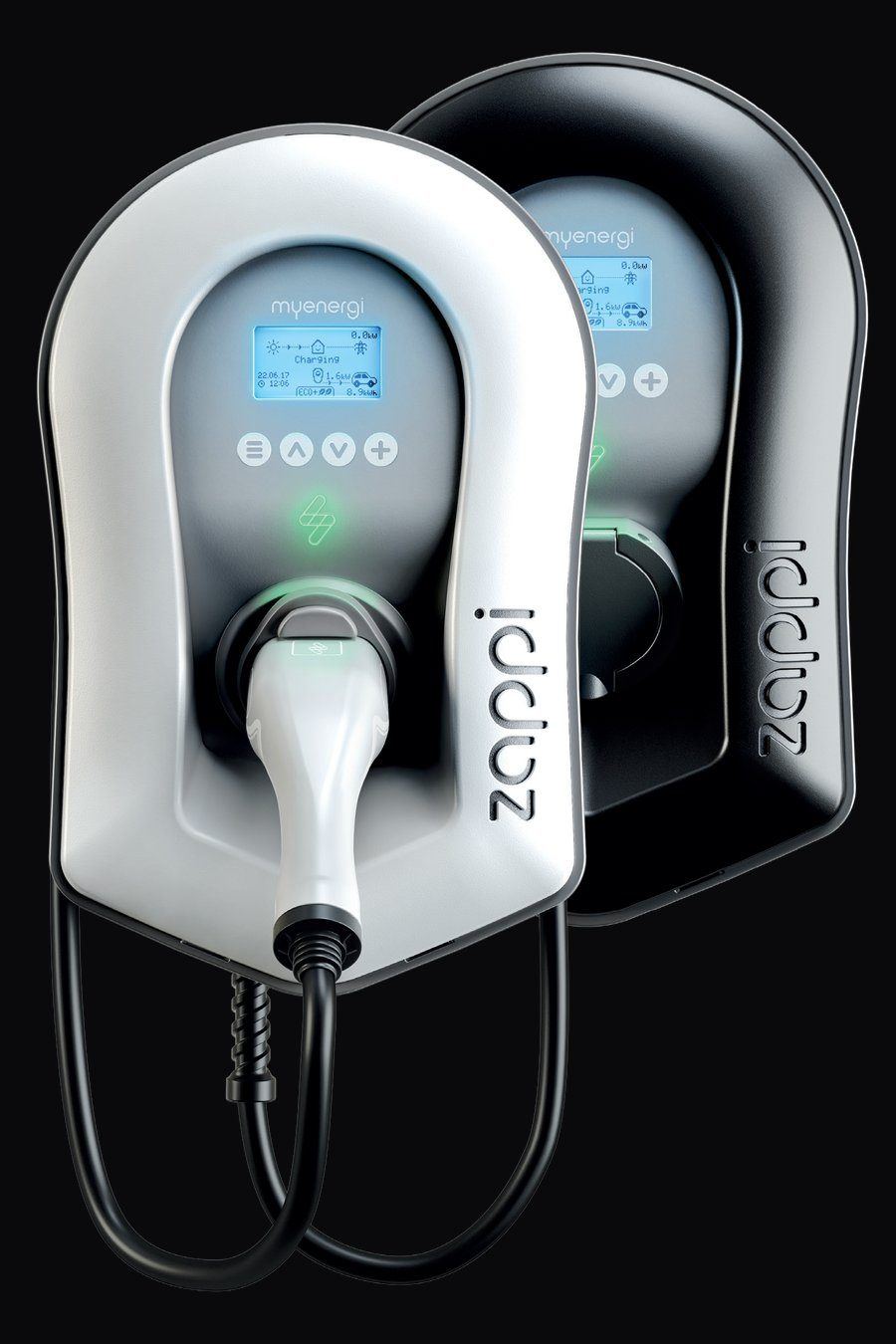 myenergi zappi EV charger, wall-mounted unit in white and black